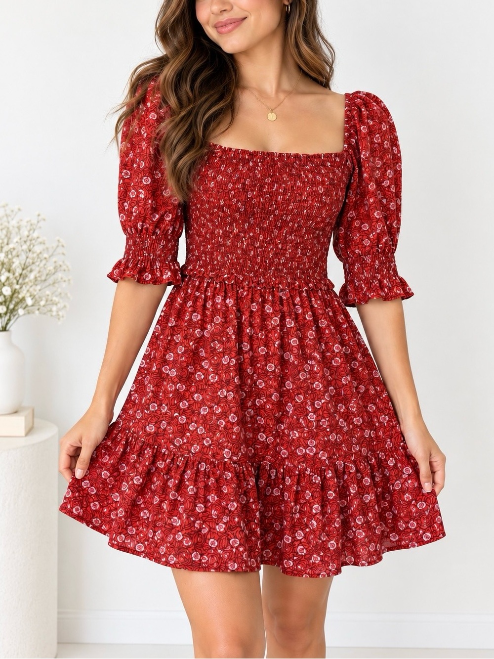 Wilfred by Aritzia Smocked Bodice Square Neckline Summer Mini Dress Dark Red- XS